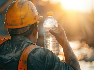 Bauarbeiter Helm gelb Sommer Hitze Wasserflasche