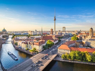 Berlin Skyline Panorama Alex Spree Sonnenuntergang