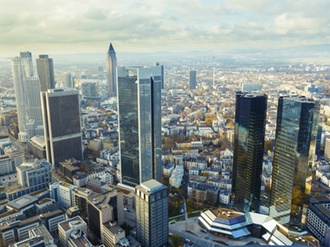 07 Oct 2014, Frankfurt, Rhineland, Germany --- Aerial view of skyscrapers, Frankfurt, Germany. --- I