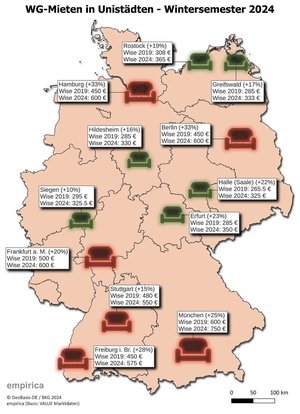 Deutschlandkarte WG-Mieten Wintersemester 2024