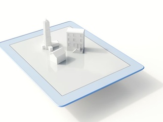 iPad, Tablet mit Gebäudenmodellen in 3D