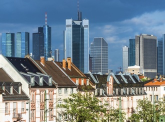 12 May 2014, Frankfurt, Rhineland, Germany --- Cityscape, old houses and skyscrapers, financial dist