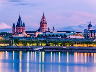 Mainz cityscape in the blue hour in the evening light with cathedral, Dom of Mainz