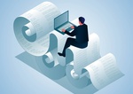 Isometric businessman sitting on a huge pile of documents concentrating on work, paperwork, bill che