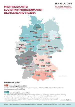 Deutschland: Mietpreiskarte für Logistikimmobilien H1 2024