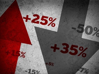 Red and dark grey market statistics and percentages on grey wall