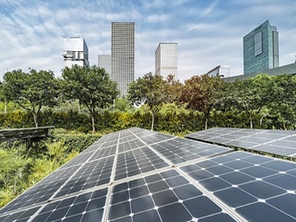 Ecological energy renewable solar panel with urban landscape landmarks